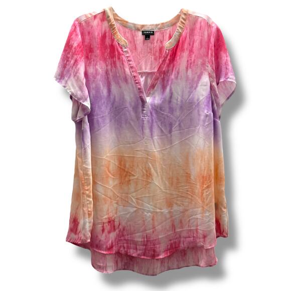 Torrid Women's Blouse 2 2X Pink Purple Orange Ombre Tie Dye Georgette Camp Shirt - Picture 3 of 6